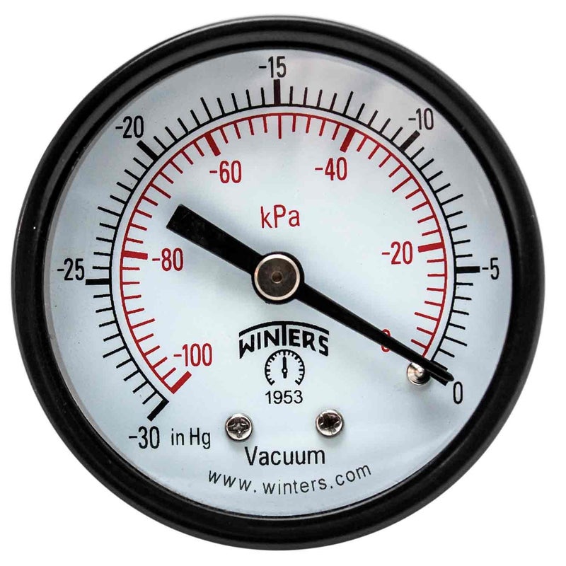 Winters 2 inch Dial Size, Multi Function Economy Utility Dry Pressure Gauge, Brass Internals, Steel Case, Dual Scale 30 inch Hg-0 Vac/kPa, 3-2-3% Accuracy, 1/4" NPT Back Mount, Vacuum Pressure Gauge